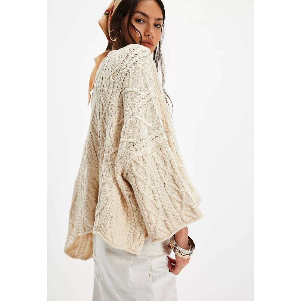 Free People Tea Cable Knit Sweater Ivory White Cotton Oversized Crop NWT - S